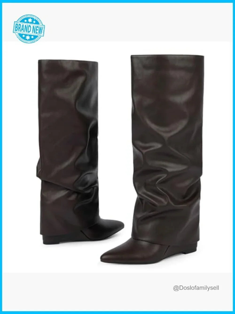 Knee High Boots Wedge Heel Slouchy Fold Over Zipper Pointed Toe Dress Boots